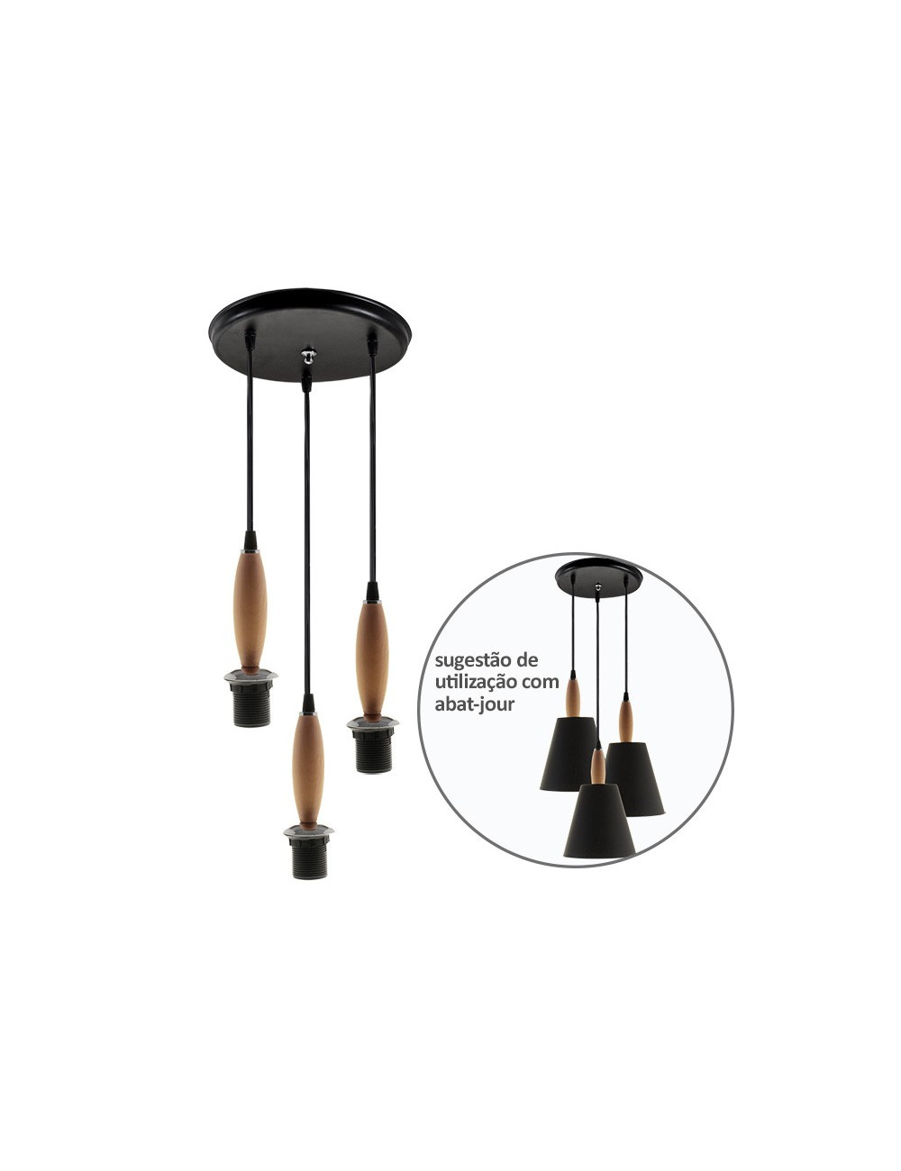 Suspensão PETRA sem vidros 3xE27 Alt.Reg.xD.27cm Preto/Madeira natural/Cromado
