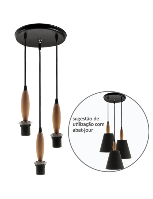 Suspensão PETRA sem vidros 3xE27 Alt.Reg.xD.27cm Preto/Madeira natural/Cromado