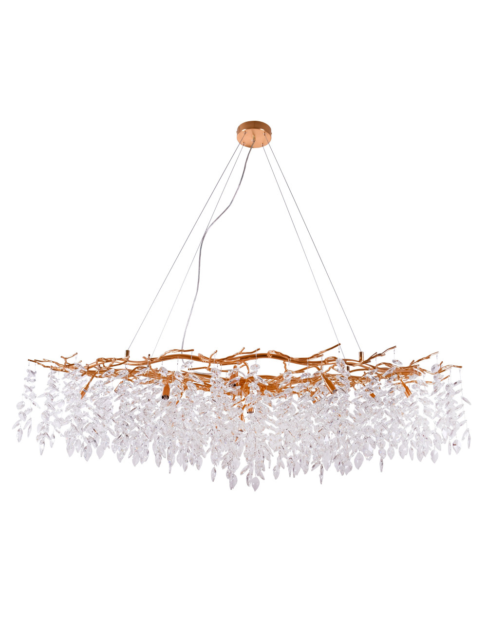 Candeeiro tecto SAPPORO 15xG9 C.150xL.75xAlt.Reg.cm com cristais transparentes e armação dourada