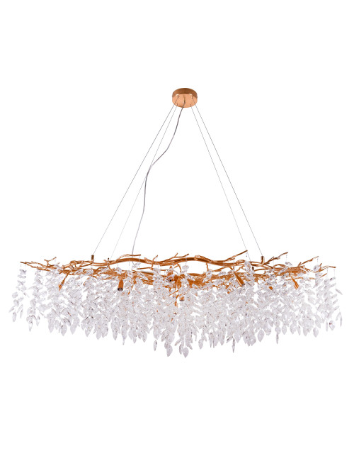 Candeeiro tecto SAPPORO 15xG9 C.150xL.75xAlt.Reg.cm com cristais transparentes e armação dourada