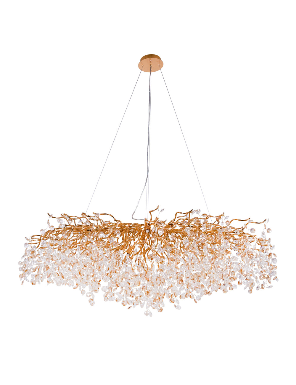 Candeeiro tecto DAVOS 16xG9 C.150xL.75xAlt.Reg. com cristais ambar e armação dourada