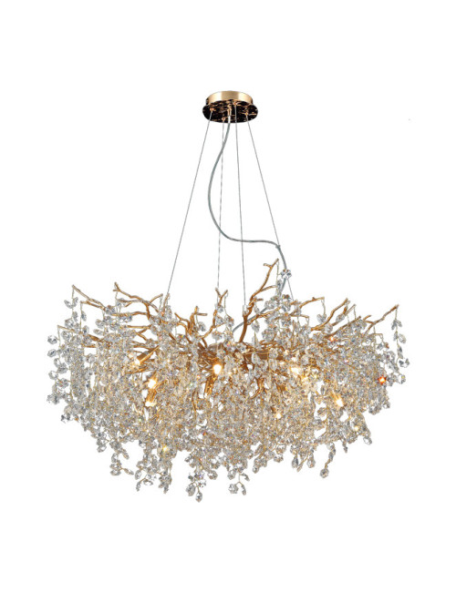 Candeeiro tecto AMPEZZO 11xG9 Alt.Reg.xD.100cm com cristais transparentes e armação dourada