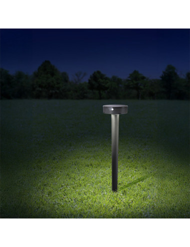 Foco com espigão FIORINA 2W LED 4000K c/sensor movimento e painel solar IP55 Alt.78xD.16cm preto