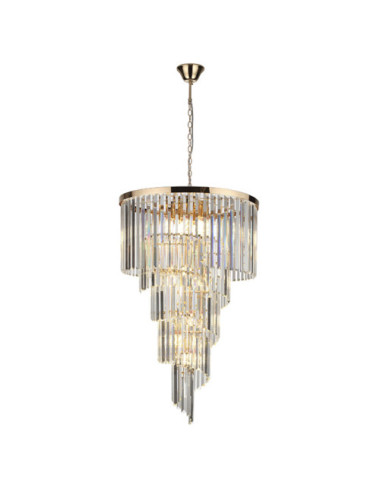 Candeeiro de tecto OLFUS 12xE14 Alt.200(máx.)xD.60cm com cristais transparentes e chapa dourada