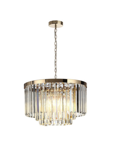 Candeeiro de tecto OLFUS 5xE14 Alt.120 (máx)xD.40cm com cristais transparentes e chapa dourada