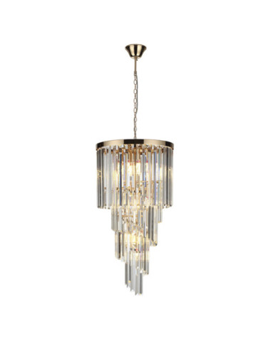 Candeeiro de tecto OLFUS 9xE14 Alt.180(máx.)xD.40cm com cristais transparentes e chapa dourada