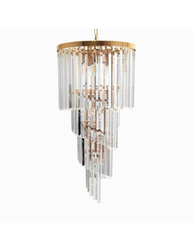 Candeeiro de tecto OLFUS 9xE14 Alt.180(máx.)xD.40cm com cristais transparentes e chapa dourada