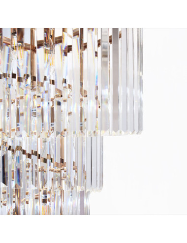 Candeeiro de tecto OLFUS 9xE14 Alt.180(máx.)xD.40cm com cristais transparentes e chapa dourada