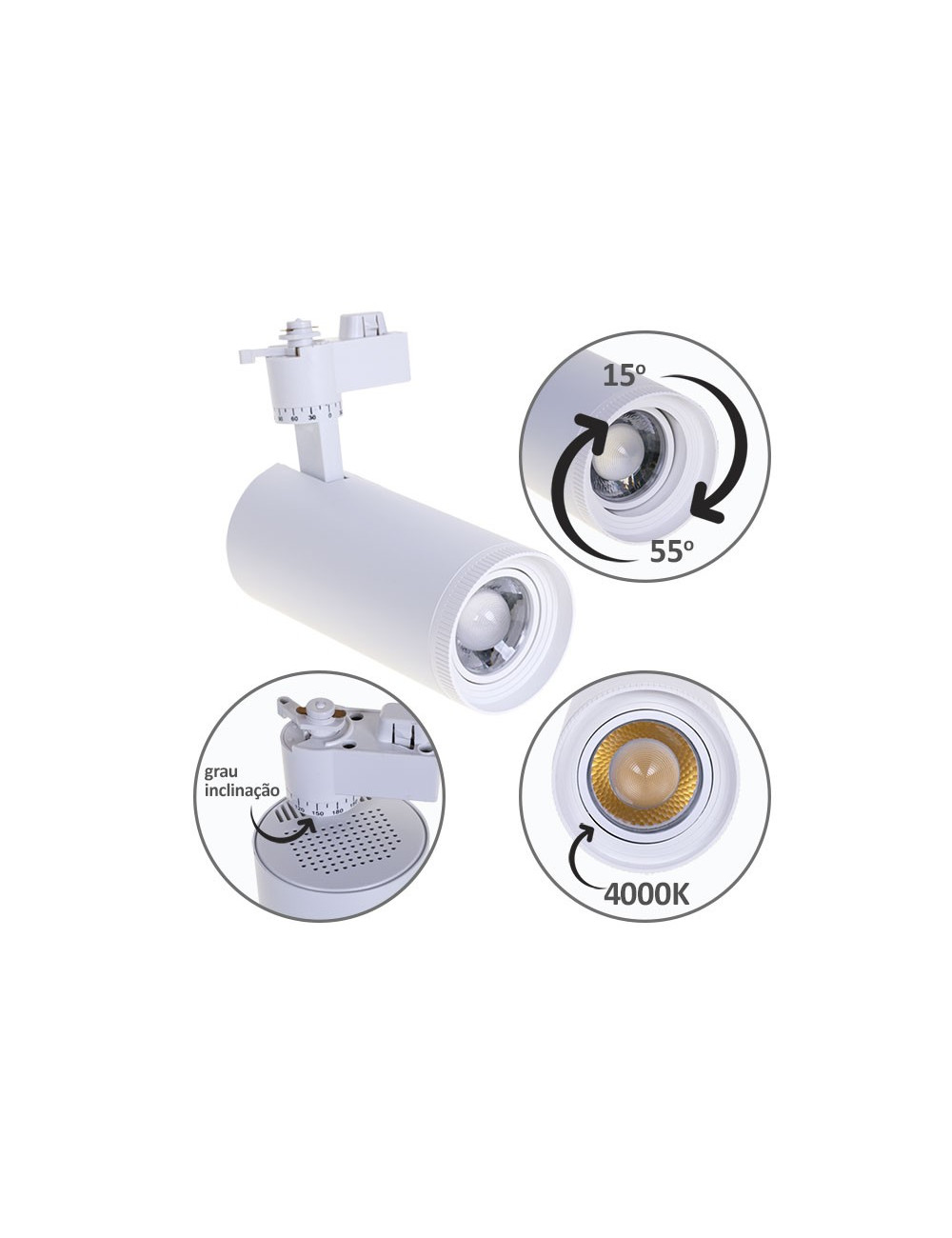 Foco para calha ARGOS 1x30W LED 4000K C.17xxD.8cm Branco