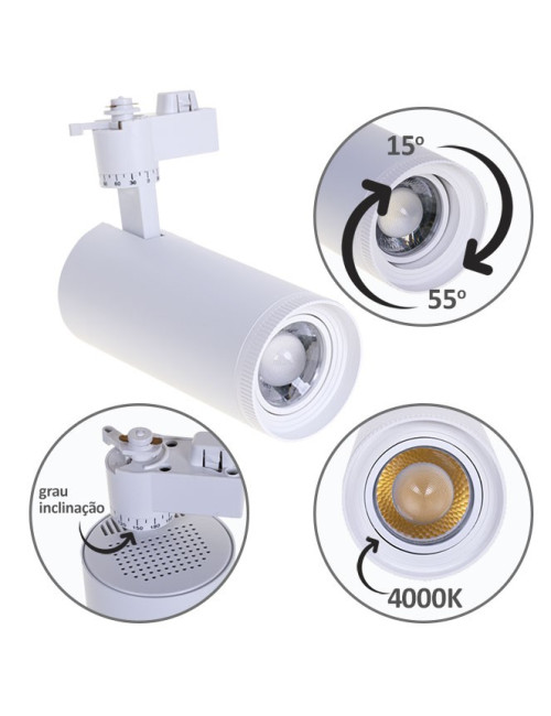 Foco para calha ARGOS 1x30W LED 4000K C.17xxD.8cm Branco